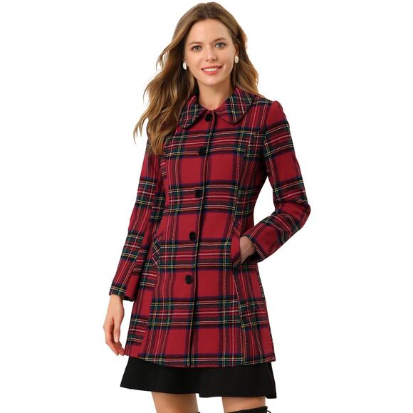 Women's Buffalo Checks Winter Peter Pan Collar Long Plaid Coat Red - Picture 1 of 6